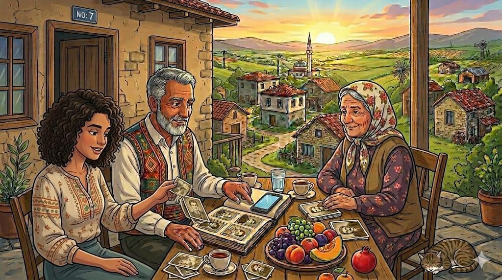 Illustration of a young researcher examining old family photographs with elderly villagers